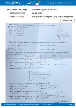Đề thi THPT Quốc gia 2017 môn Toán (Đề chính thức) có đáp án tham khảo - Mã đề 124