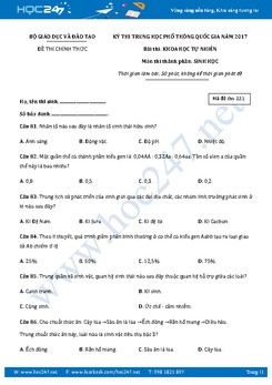 Đề thi THPT Quốc gia 2017 môn Sinh học (Đề chính thức) có đáp án tham khảo - Mã đề thi 221