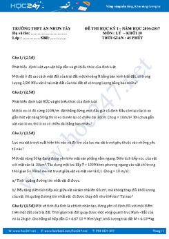 Đề thi và đáp án Lý 10 học kì 1 năm 2016- 2017 trường THPT An Nhơn Tây