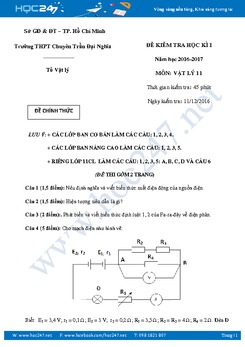 Bộ đề kiểm tra HK1 có đáp án môn Vật Lý 11 trường THPT chuyên Trần Đại Nghĩa