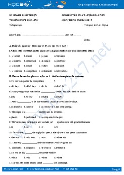 Đề thi khảo sát chất lượng đầu năm - Tiếng Anh lớp 12 trường THPT Đức Linh tỉnh Bình Thuận