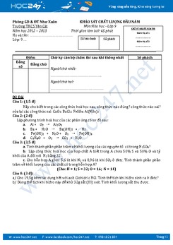 Đề Khảo sát chất lượng đầu năm Hóa 9 trường THCS Yên Cát - Thanh Hóa có lời giải