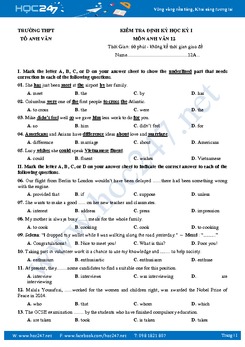 Đề thi kiểm tra chất lượng học kì 1 tiếng Anh lớp 12