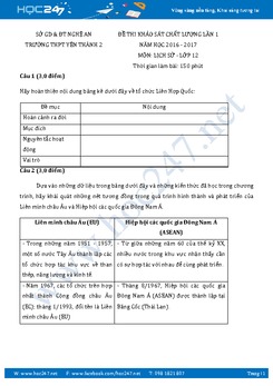 Đề thi KSCL đầu năm môn Sử 12  - Trường THPT Yên Thành 2