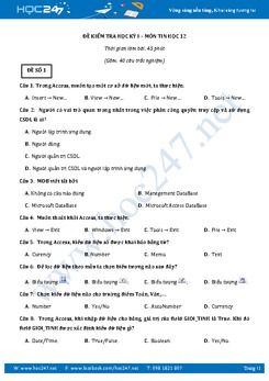 Bộ 5 đề thi học kì 1 môn Tin học lớp 12 có đáp án