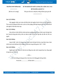 Đề thi KSCL đầu năm môn Sử 12 - Trường THPT Đồng Đậu