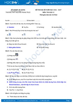 Đề thi học kì 1 môn Tin học lớp 12 có đáp án năm 2017 - Trường THPT Nguyễn Trung Trực