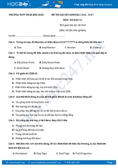Đề thi học kì 1 môn Tin học lớp 12 có đáp án năm 2017 - Trường THPT Phan Bội Châu