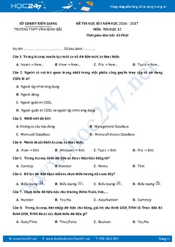 Đề thi học kì 1 môn Tin học lớp 12 có đáp án năm 2017 - Trường THPT Vĩnh Bình Bắc