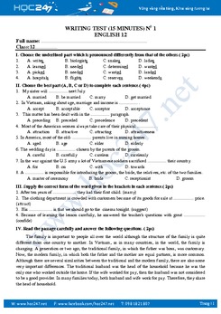 Đề kiểm tra 15 phút lần 1 - Tiếng Anh 12
