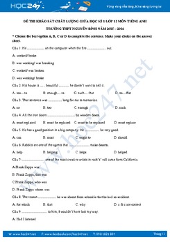 Đề thi chất lượng giữa học kì 1 tiếng Anh lớp 12 THPT Nguyễn Bính năm 2016