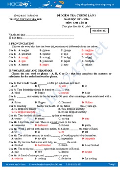 Đề kiểm tra chung lần 1 môn tiếng Anh 11 THPT Nguyễn Trãi - Thái Bình năm 2016