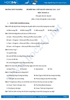Đề kiểm tra 1 tiết học kì 1 môn Tin học lớp 12 có đáp án năm 2017 - Trường THPT Thới Bình
