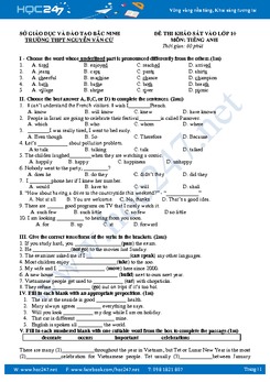 Đề thi khảo sát chất lượng đầu năm môn tiếng Anh lớp 10-THPT Nguyễn Văn Cừ Bắc Ninh