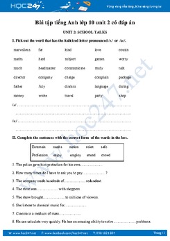 Bài tập bổ trợ Unit 2 Tiếng Anh lớp 10