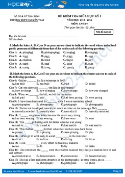 Đề kiểm tra giữa kì I tiếng Anh lớp 10 THPT Nguyễn Trãi - Thái Bình