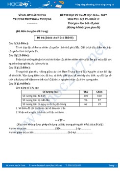 Đề thi học kì 1 môn Địa Lý 12 - Trường THPT Đoàn Thượng
