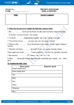 Tổng hợp đề kiểm tra 1 tiết tiếng Anh lớp 9 lần 1