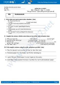 Đề kiểm tra 15 phút tiếng Anh lớp 9 THCS Lê Lợi - Quy Nhơn