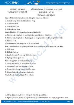 Đề thi giữa kì 1 môn GDCD 12 - Trường THPT Lý Thái Tổ