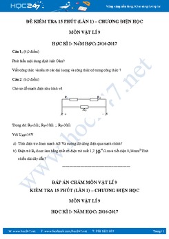 Đề kiểm tra 15' có đáp án chương Điện Học môn Vật lý 9