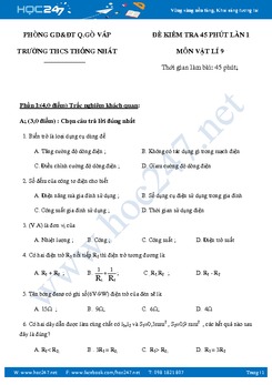 Đề kiểm tra 45' có đáp án môn Vật lý 9 HK1 THCS Thống Nhất