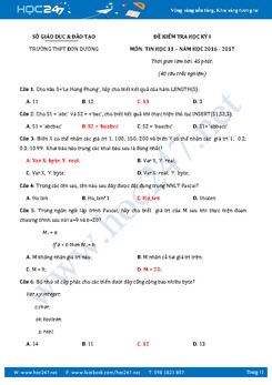Đề thi học kì 1 môn Tin học lớp 11 có đáp án năm 2017 - Trường THPT Đơn Dương