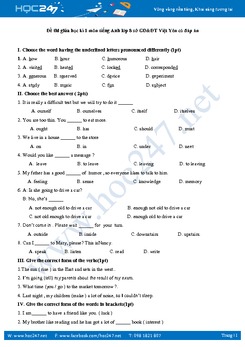 Đề thi giữa học kì 1 môn tiếng Anh lớp 8 sở GD&ĐT Việt Yên