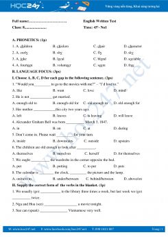 Đề kiểm tra 1 tiết tiếng Anh lớp 8 học kì 1 lần 1