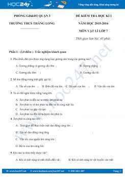 Đề thi và đáp án môn Vật Lý 7 HKI trường THCS Thăng Long