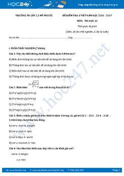 Đề kiểm tra 1 tiết học kì 1 môn Tin học lớp 11 có đáp án năm 2017 - Trường TH Cấp 2, 3 Mỹ Phước