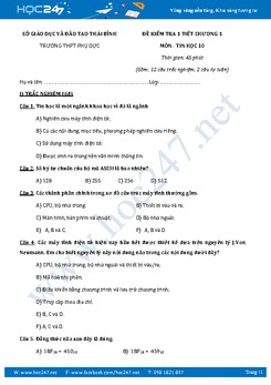 Đề kiểm tra 1 tiết chương 1 môn Tin học lớp 10 có đáp án năm 2017 - Trường THPT Phụ Dực