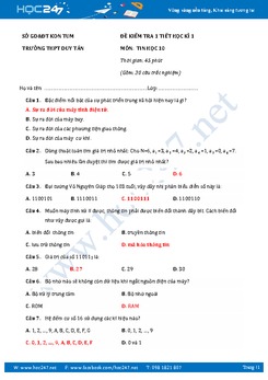 Đề kiểm tra 1 tiết học kì 1 môn Tin học lớp 10 có đáp án năm 2017 - Trường THPT Duy Tân