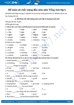 Đề khảo sát chất lượng đầu năm môn Tiếng Anh lớp 6