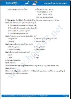 Đề kiểm tra 1 tiết HK1 môn Lịch Sử 8 - Phòng GD và ĐT Vĩnh Tường