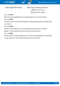 Đề thi học kì 1 môn Lịch Sử 7 - Trường THCS Bình Thạnh