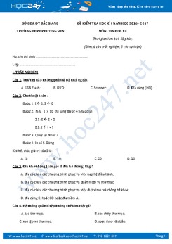 Đề kiểm tra học kì 1 môn Tin học lớp 10 có đáp án năm 2017 - Trường THPT Phương Sơn