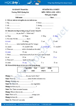 Đề kiểm tra 15 phút tiếng Anh 6 THCS Quảng Đại - Thanh Hóa
