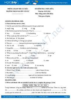 Đề kiểm tra 1 tiết tiếng Anh lớp 6 Mỏ Cày Bắc THCS Nguyễn Văn Tư