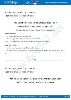 Đề kiểm tra Công Nghệ 12 HKI có đáp án năm 2017