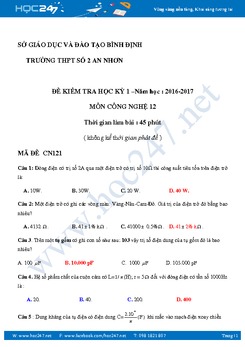 Đề kiểm tra trắc nghiệm môn Công Nghệ 12 HKI có đáp án