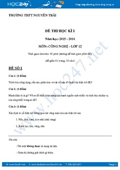 Đề thi tự luận Công Nghệ 12 HKI có đáp án năm 2017 trường THPT Nguyễn Trãi