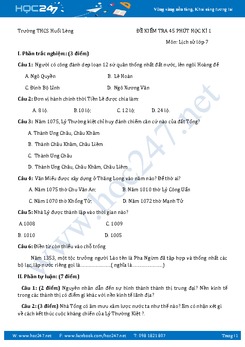 Đề kiểm tra 1 tiết môn Lịch Sử 7 - Trường THCS Huổi Lèng