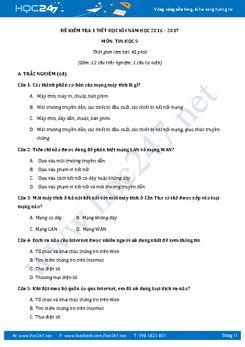 Đề kiểm tra 1 tiết học kì 1 môn Tin học lớp 9 có đáp án năm 2017 - Đề số 2