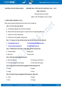 Đề kiểm tra 1 tiết học kì 1 môn Tin học lớp 9 có đáp án năm 2017 - Trường THCS Lê Hồng Phong