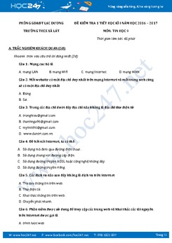 Đề kiểm tra 1 tiết học kì 1 môn Tin học lớp 9 có đáp án năm 2017 - Trường THCS Xã Lát