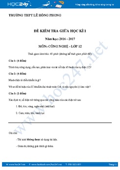 Đề kiểm tra cuối HKI môn Công Nghệ 12 có đáp án năm 2017