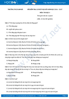 Đề kiểm tra 15 phút học kì 1 môn Tin học lớp 9 có đáp án năm 2017 - Trường THCS Nam Đà