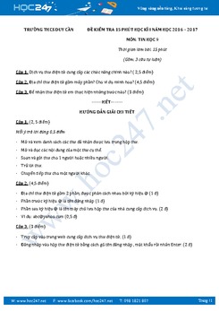 Đề kiểm tra 15 phút học kì 1 môn Tin học lớp 9 có đáp án năm 2017 - Trường THCS Duy Cần