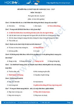 Đề kiểm tra 15 phút học kì 1 môn Tin học lớp 9 có đáp án năm 2017 - Đề số 2